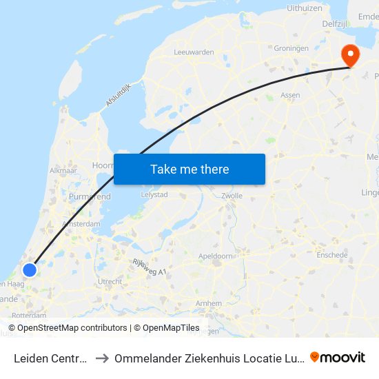 Leiden Centraal to Ommelander Ziekenhuis Locatie Lucas map