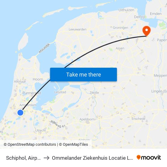 Schiphol, Airport to Ommelander Ziekenhuis Locatie Lucas map