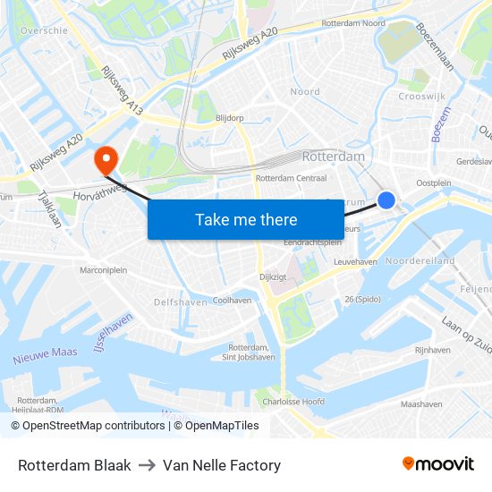 Rotterdam Blaak to Van Nelle Factory map