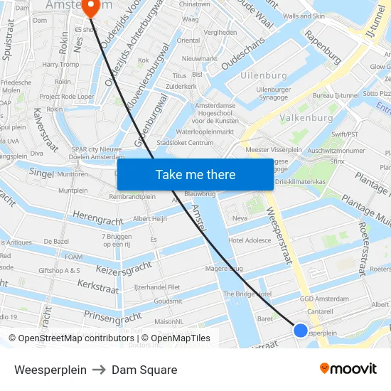 Weesperplein to Dam Square map
