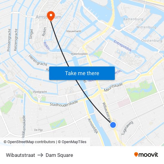 Wibautstraat to Dam Square map