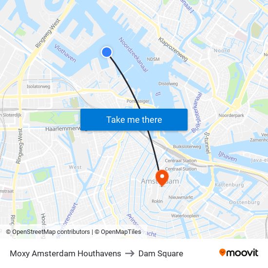 Moxy Amsterdam Houthavens to Dam Square map