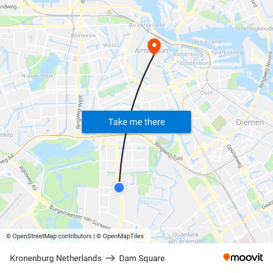 Kronenburg Netherlands to Dam Square map