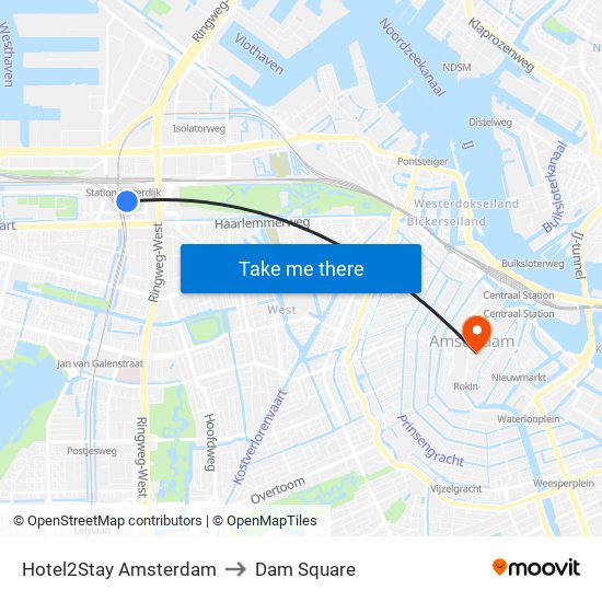 Hotel2Stay Amsterdam to Dam Square map