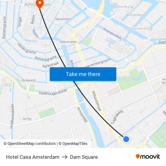 Hotel Casa Amsterdam to Dam Square map