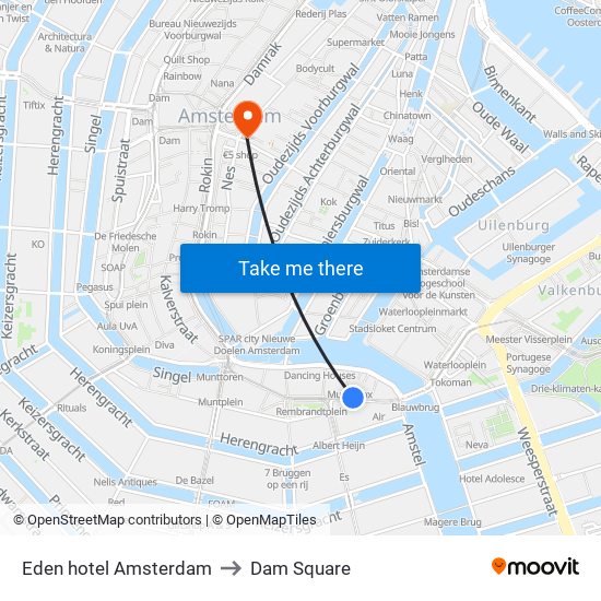 Eden hotel Amsterdam to Dam Square map