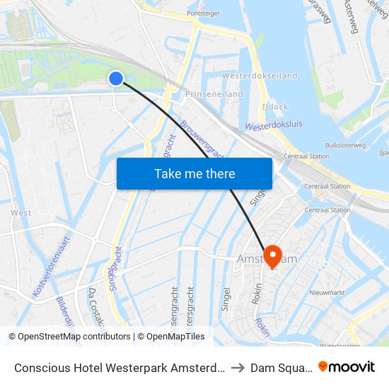 Conscious Hotel Westerpark Amsterdam to Dam Square map