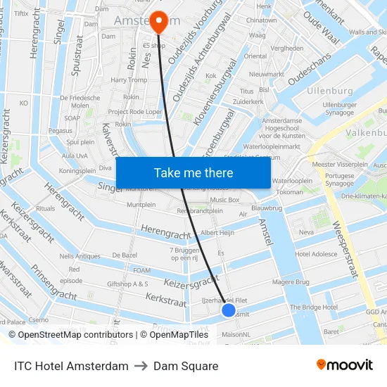 ITC Hotel Amsterdam to Dam Square map