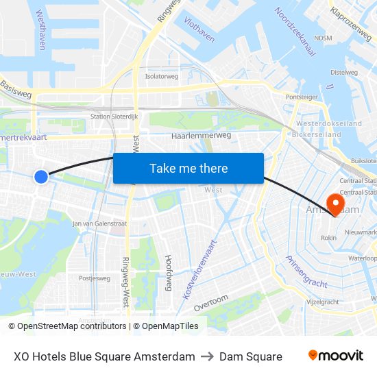 XO Hotels Blue Square Amsterdam to Dam Square map