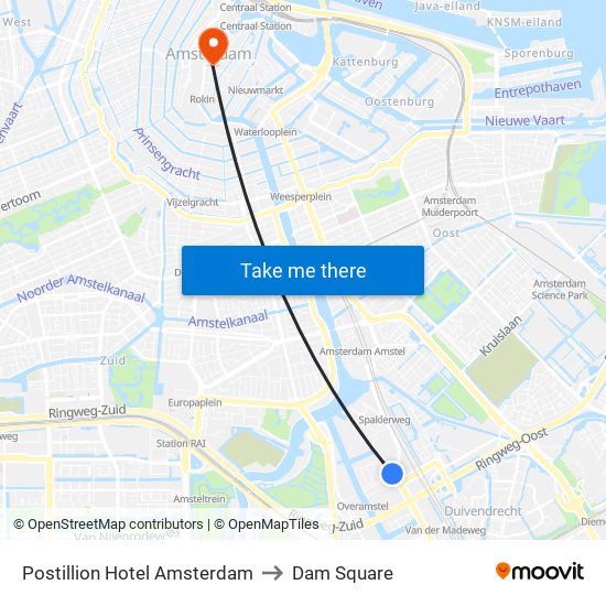 Postillion Hotel Amsterdam to Dam Square map
