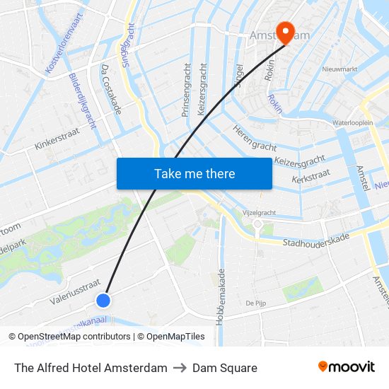 The Alfred Hotel Amsterdam to Dam Square map