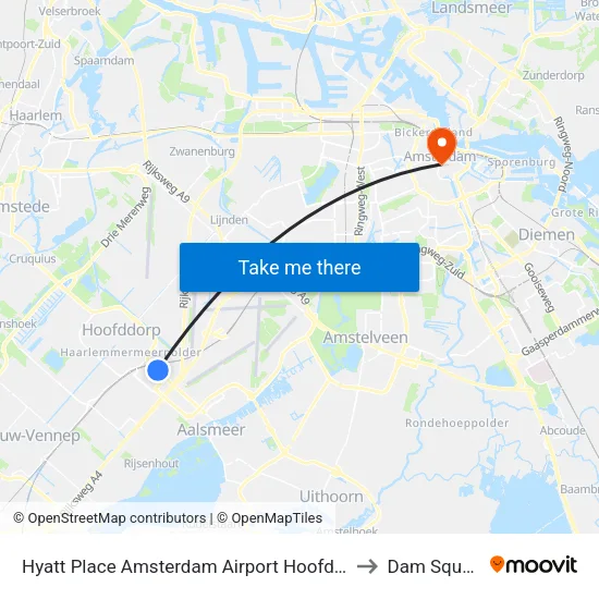 Hyatt Place Amsterdam Airport Hoofddorp to Dam Square map