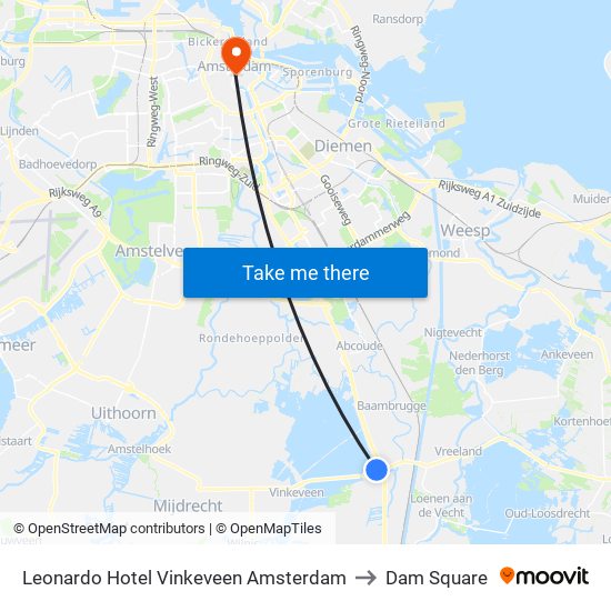 Leonardo Hotel Vinkeveen Amsterdam to Dam Square map