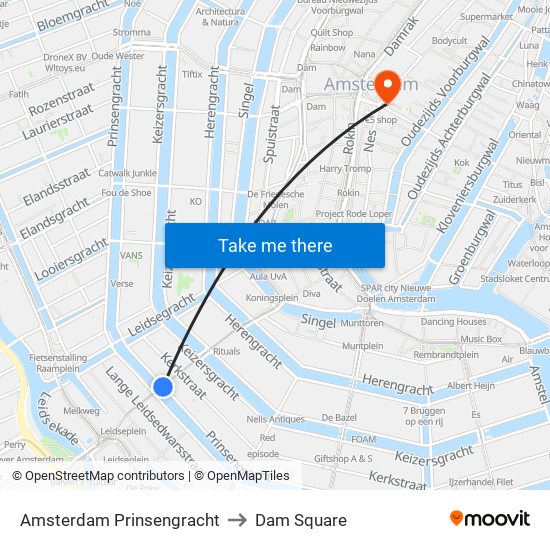 Amsterdam Prinsengracht to Dam Square map