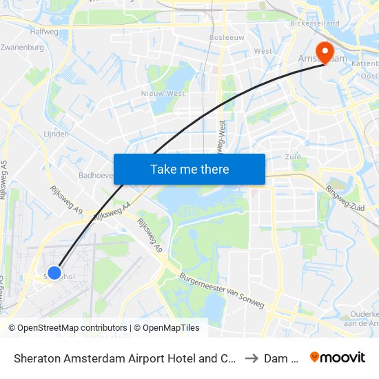 Sheraton Amsterdam Airport Hotel and Conference Center Schiphol to Dam Square map