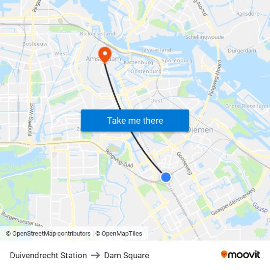 Duivendrecht Station to Dam Square map