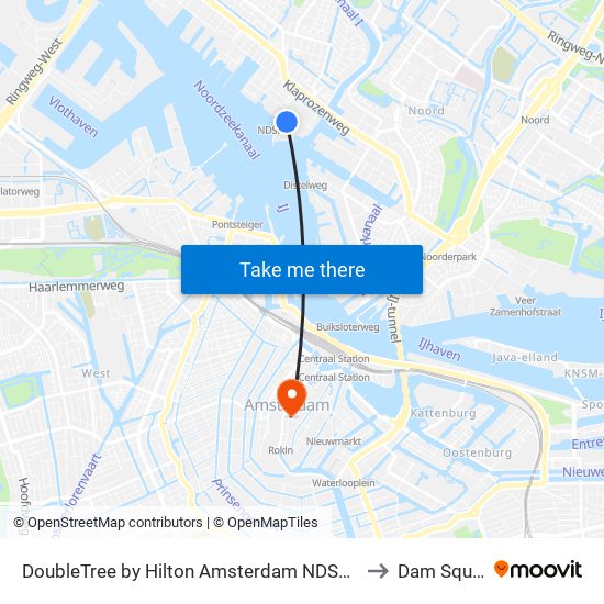 DoubleTree by Hilton Amsterdam NDSM Wharf to Dam Square map