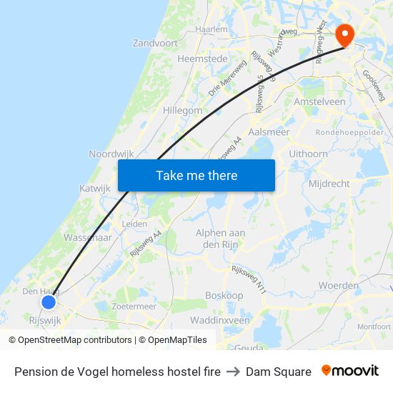 Pension de Vogel homeless hostel fire to Dam Square map