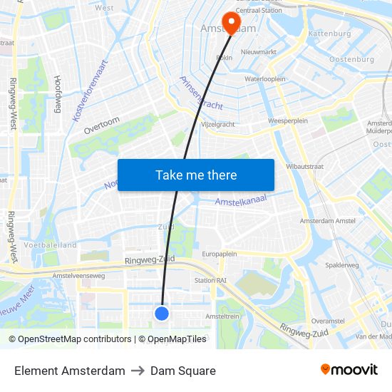 Element Amsterdam to Dam Square map