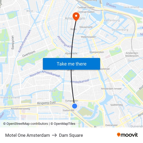 Motel One Amsterdam to Dam Square map