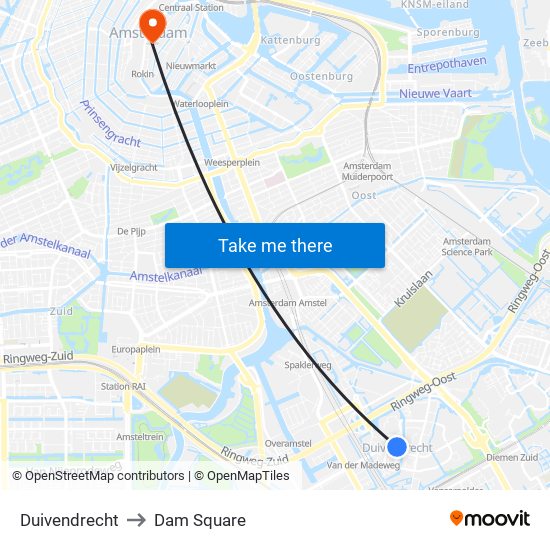 Duivendrecht to Dam Square map