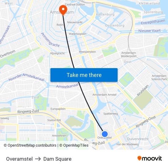 Overamstel to Dam Square map