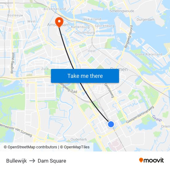 Bullewijk to Dam Square map