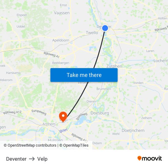 Deventer to Velp map