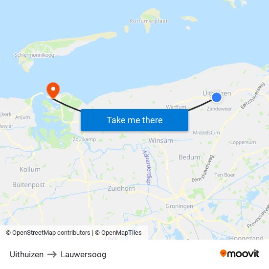 Uithuizen to Lauwersoog map