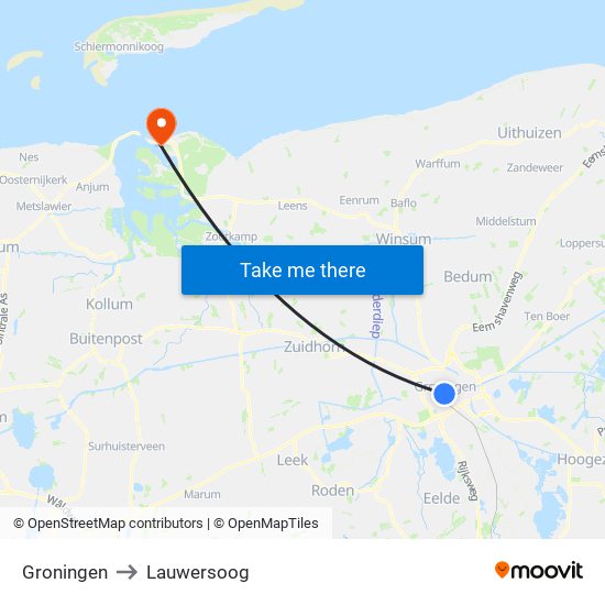 Groningen to Lauwersoog map