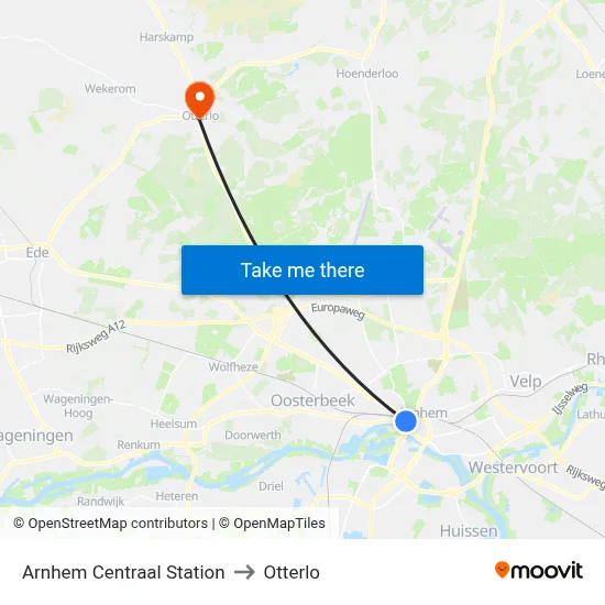 Arnhem Centraal Station to Otterlo map
