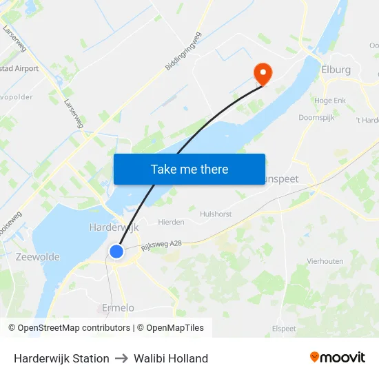 Harderwijk Station to Walibi Holland map