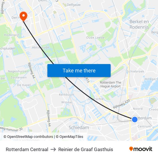 Rotterdam Centraal to Reinier de Graaf Gasthuis map