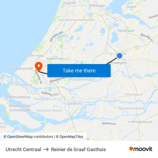 Utrecht Centraal to Reinier de Graaf Gasthuis map