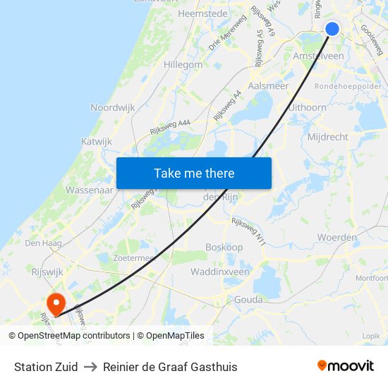 Station Zuid to Reinier de Graaf Gasthuis map