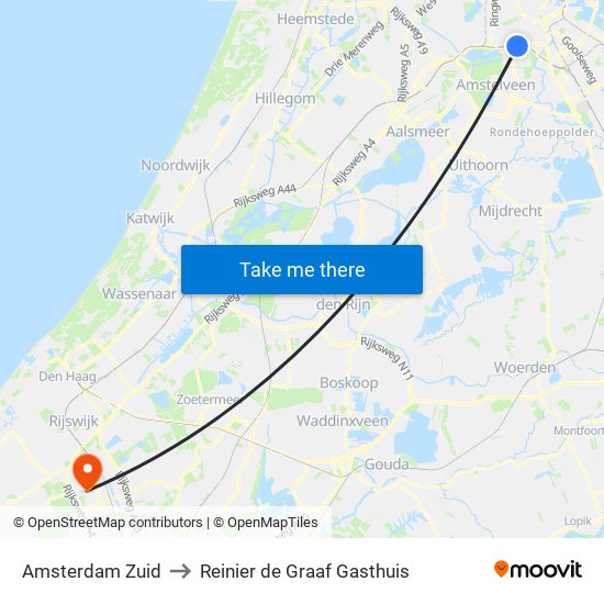 Amsterdam Zuid to Reinier de Graaf Gasthuis map