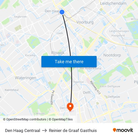 Den Haag Centraal to Reinier de Graaf Gasthuis map