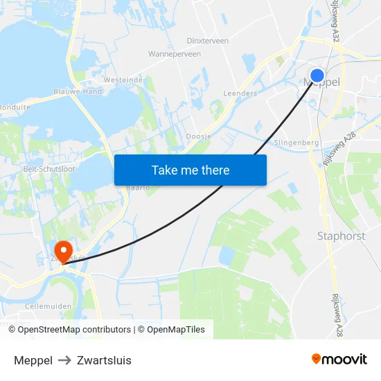 Meppel to Zwartsluis map