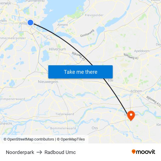 Noorderpark to Radboud Umc map