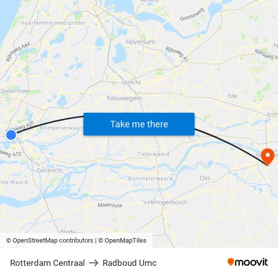 Rotterdam Centraal to Radboud Umc map