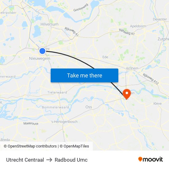 Utrecht Centraal to Radboud Umc map