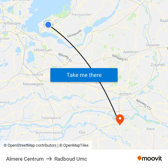 Almere Centrum to Radboud Umc map