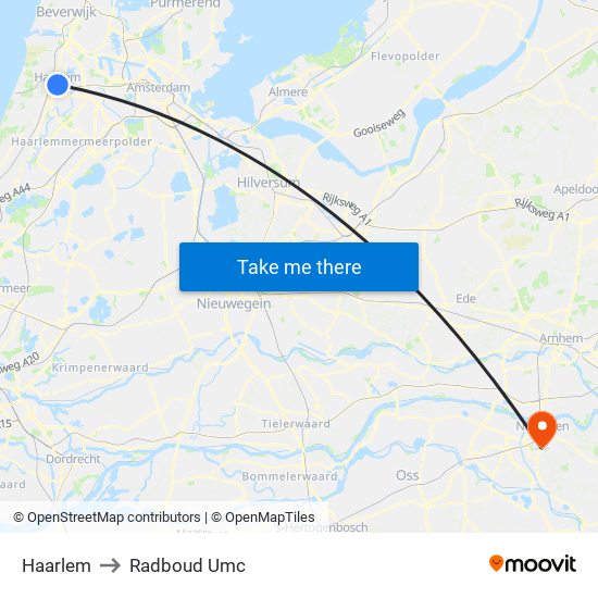 Haarlem to Radboud Umc map