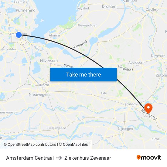 Amsterdam Centraal to Ziekenhuis Zevenaar map