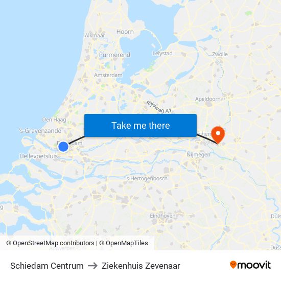 Schiedam Centrum to Ziekenhuis Zevenaar map