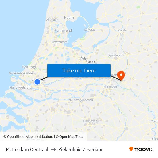 Rotterdam Centraal to Ziekenhuis Zevenaar map