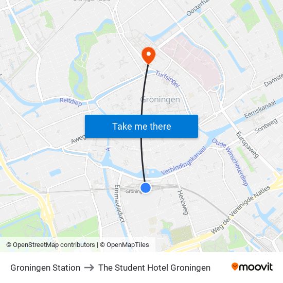 Groningen Station to The Student Hotel Groningen map