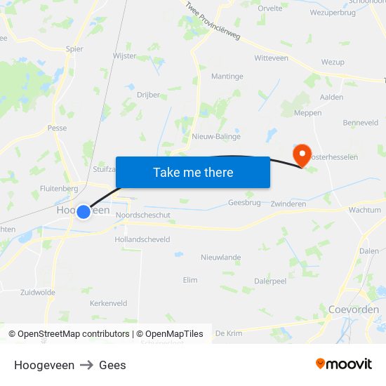 Hoogeveen to Gees map