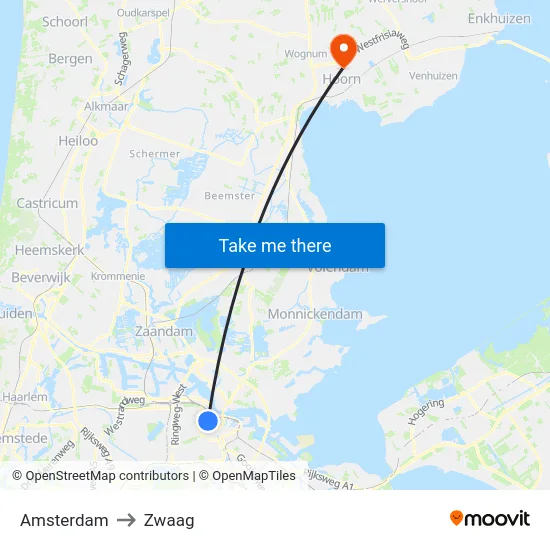 Amsterdam to Zwaag map