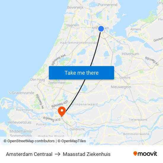 Amsterdam Centraal to Maasstad Ziekenhuis map